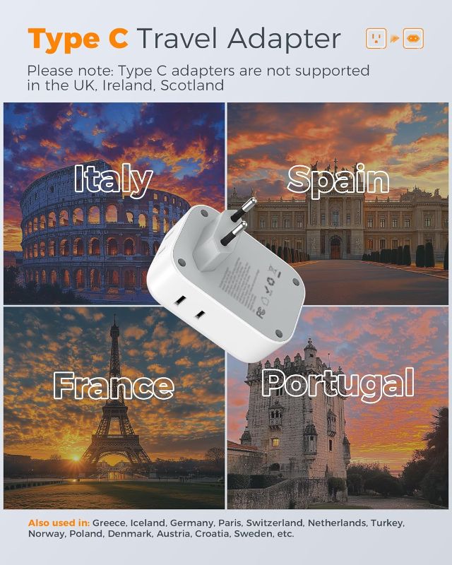 Photo 1 of uropean Plug Adapter USB C, TESSAN US to Europe Adapter