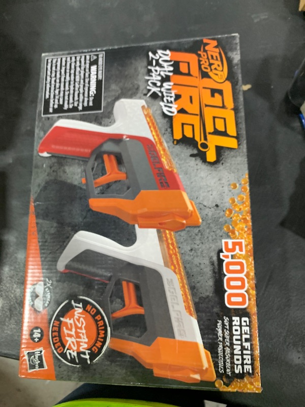 Photo 1 of NERF Pro Gelfire Dual Wield Pack, 2 Blasters, No-Prime Firing, 5000 Gelfire Rounds, 2X 100 Round Integrated Hoppers, 2 Eyewear, Ages 14 & Up