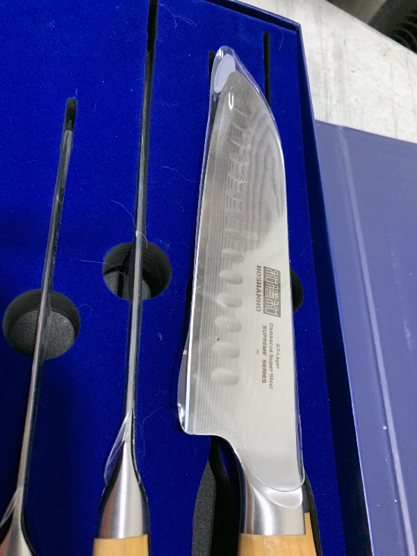 Photo 1 of HOSHANHO 5 Pieces Kitchen Knife Sets, Ultra Sharp Professional Damascus Super Steel Chef Knives Sets with Ergonomic Olive Wood Handle, Including Chef, Bread, Santoku, Utility & Paring Knives