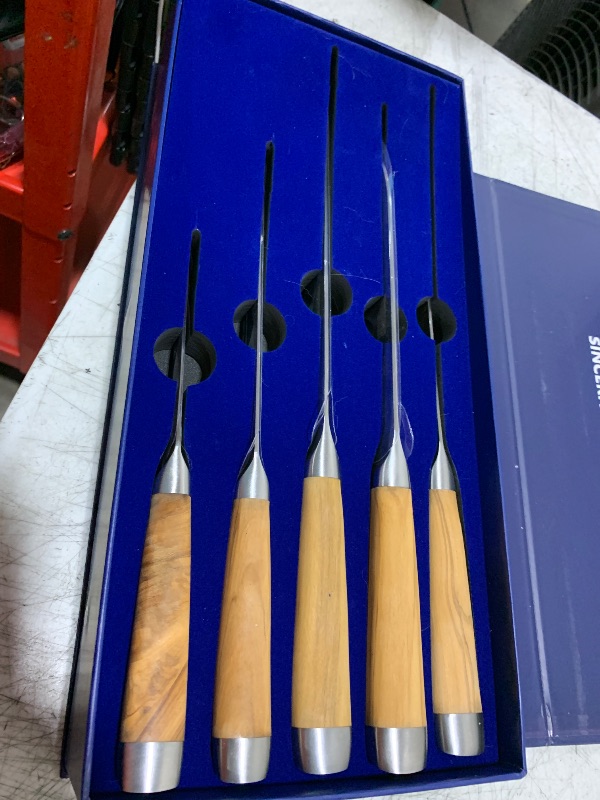 Photo 1 of HOSHANHO 5 Pieces Kitchen Knife Sets, Ultra Sharp Professional Damascus Super Steel Chef Knives Sets with Ergonomic Olive Wood Handle, Including Chef, Bread, Santoku, Utility & Paring Knives