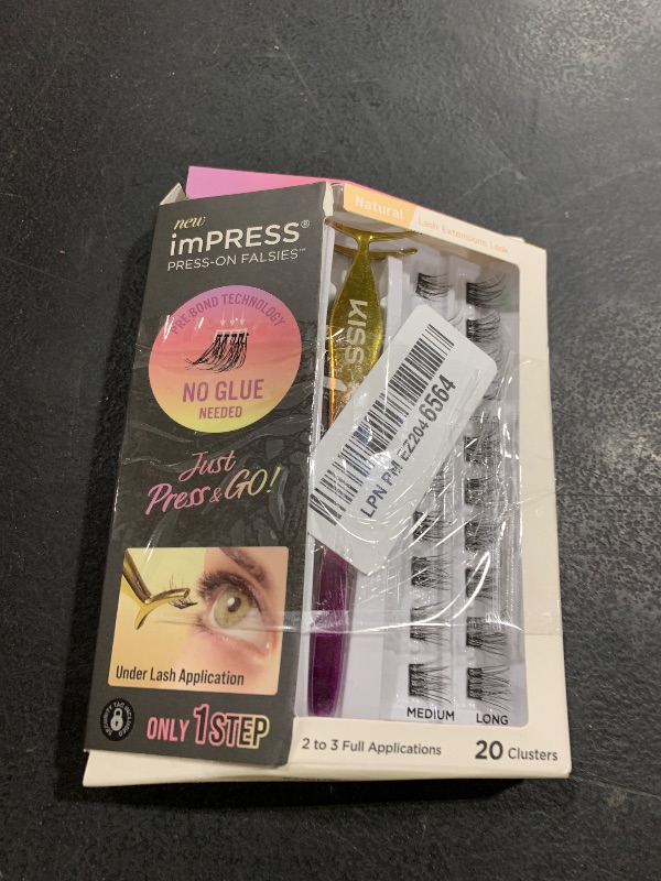 Photo 1 of KISS imPRESS Falsies Self Adhesive Eyelashes, Press On Lashes, 12mm-14mm Natural Volume Lashes, Black, No Glue Needed, Invisible Band, 20 Lash Clusters & Non-Stick Applicator - Natural