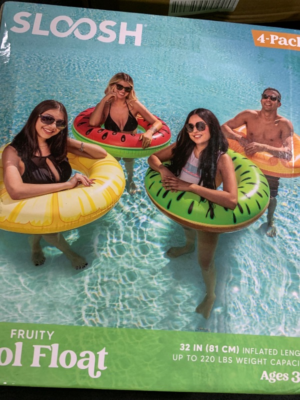 Photo 1 of Sloosh 4 Pack Inflatable Pool Floats Fruit Tube Rings, Fruit Swim Tubes, Pool Floaties Toys, Beach Swimming Party Toys for Kids and Adults (Fruit)