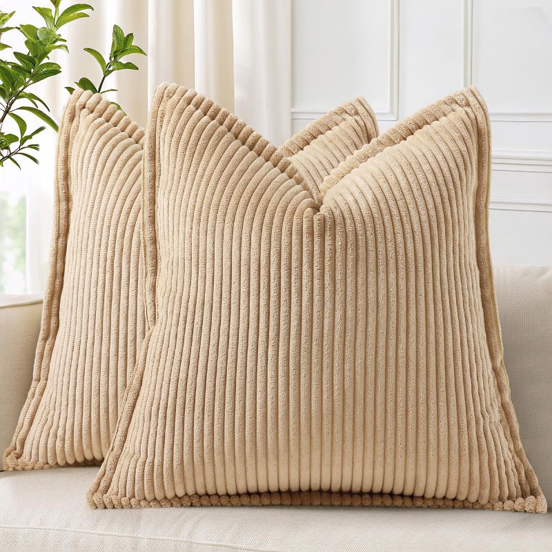 Photo 1 of decorUhome Corduroy Light Brown Throw Pillow Covers 20x20 Set of 2 Decorative Soft Boho Striped Neutral Farmhouse Couch Pillow Covers with Broadside for Living Room Bed Sofa