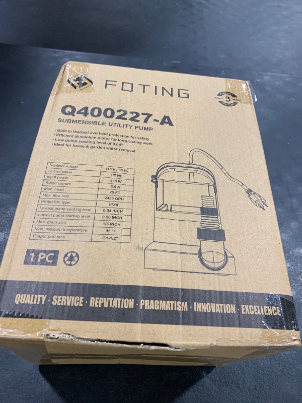 Photo 1 of FOTING 1/2HP Submersible Water Pump with Stainless Steel Base - Removes Water to 0.04" Depth, 2450GPH Portable Sump Pump for Puddles, Pools, Boats, Gardens & Ponds - 10Ft Cord Included
