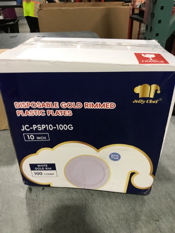 Photo 1 of JOLLY CHEF 100 Pieces Gold Plastic Plates, 10 Inch Disposable Dinner White with Gold Rim, Heavy Duty Disposable Plastic Plates for Dinner, Birthdays and Weddings