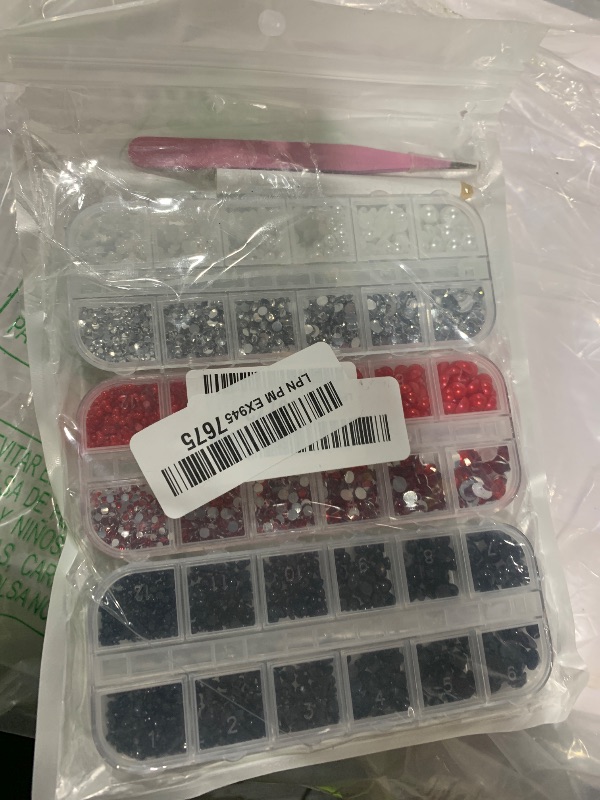 Photo 1 of 3 Boxes Rhinestones and Pearl for Crafting, Mixed Sizes 2-8mm Flatback Jelly Resin Rhinestones and Pearls Gems for Bedazzling, Shiny Black Red Crystals Gems for Crafts Clothing Nails Makeup