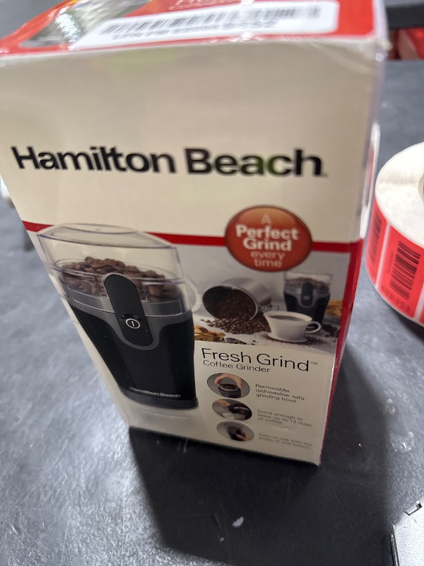 Photo 1 of Hamilton Beach Fresh Grind Electric Coffee Grinder for Beans, Spices and More, Stainless Steel Blades, Removable Chamber, Makes up to 12 Cups, Black