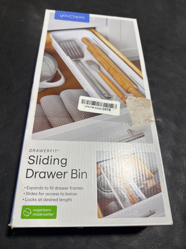 Photo 1 of YouCopia DrawerFit® Sliding Drawer Bin, Expandable and Adjustable Kitchen Storage Organizer, Speckled White