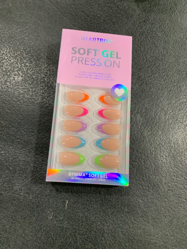 Photo 1 of BTArtbox Press On Nails Short - Soft Gel French Tip Press On Nails, Colorful Almond Glue On Nails, Reusable Stick On Nails in 16 Sizes, Neon Rainbow French