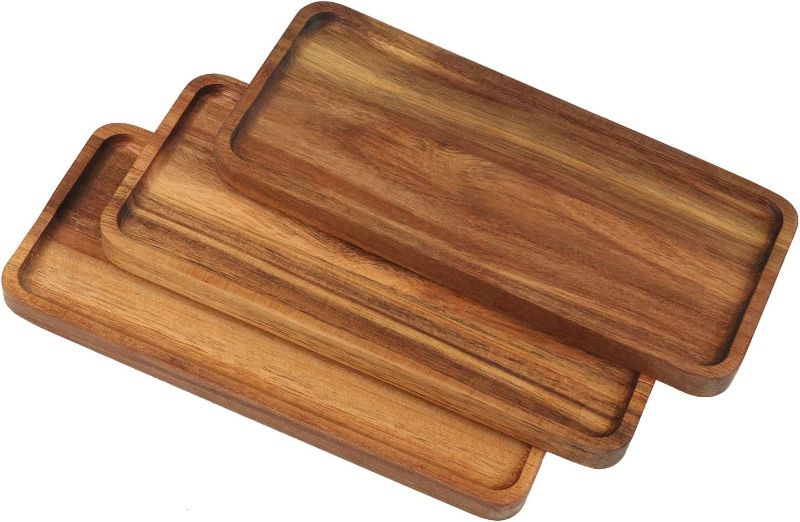 Photo 1 of 2 piece 12 x 5 Inches Wooden Serving Platters, Rectangle Solid Acacia Wood Serving Tray, Wood Serving Plates for Food