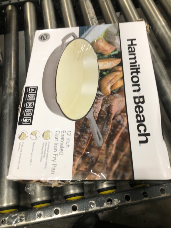 Photo 1 of Hamilton Beach Enameled Cast Iron Fry Pan 12-Inch Gray, Cream Enamel coating, Skillet Pan For Stove top and Oven, Even Heat Distribution, Safe Up to 400 Degrees, Durable