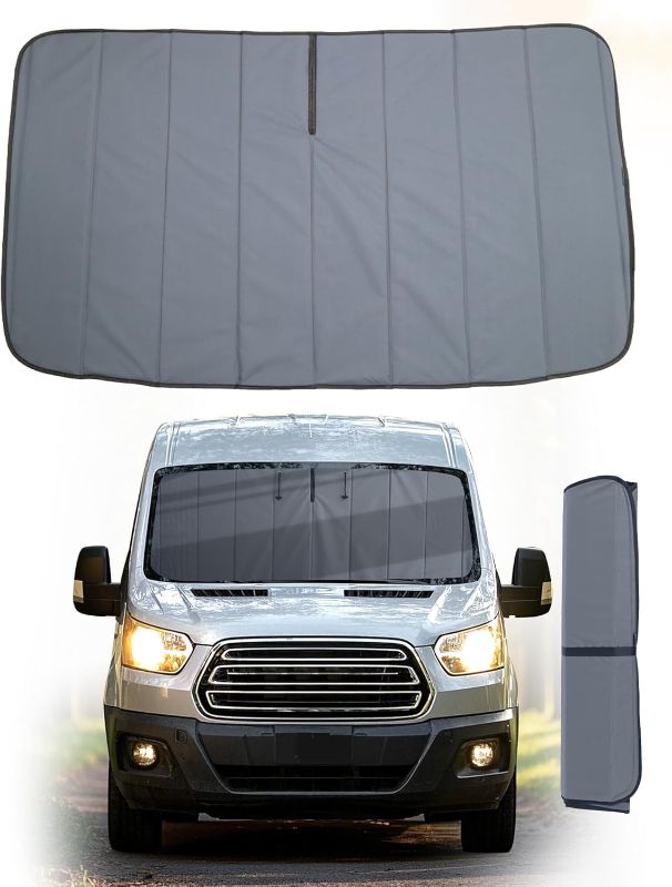Photo 1 of Insulated Blackout Windshield Cover Fit for Ford Transit 150 250 350 Medium/High Roof 2015-2025, Front Privacy Sunshade for All-Season Camping, Gray
