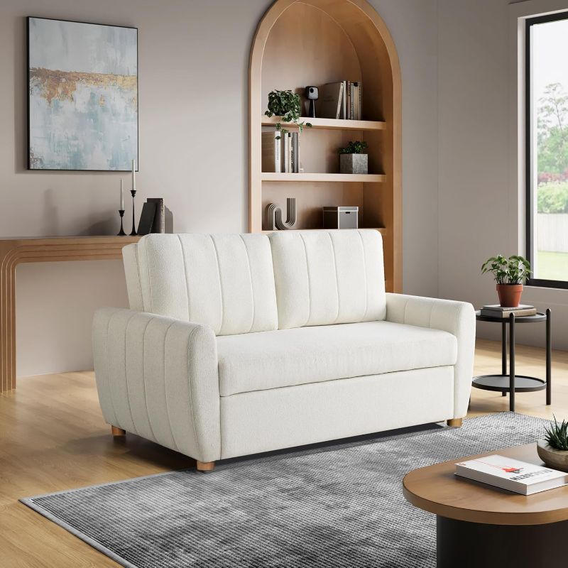 Photo 1 of [SET 1 OF 2] Serta Galway 66.5" Convertible Sleeper Loveseat, Full Size, Dreamcoil Comfort, FingerGuard Pinch Point Protection, Boucle Fabric, Ivory
