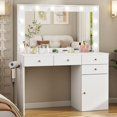 Photo 1 of Vanity Desk with Mirror and Lights, 41.4'' Makeup Vanity Desk with 4 Drawers and Large Cabinet, 3 Lighting Modes Adjustable Brightness, White Vanity with Power Outlet for Bedroom
