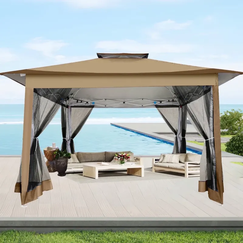 Photo 1 of HOTEEL 12'x12' Pop Up Gazebo Patio Outdoor Canopy Tent with 8 Mosquito Nettings, Adjustable Height and 144 Square ft of Shade for Garden, Party, Backyard with Vented Top, Brown
