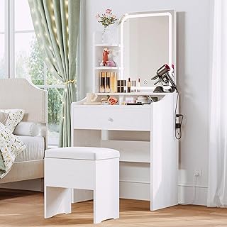 Photo 1 of LIKIMIO Small Makeup Vanity Desk with Mirror and Lights, Vanity Table Set with Storage Drawer, Chair and Three Shelves, Bedroom, White