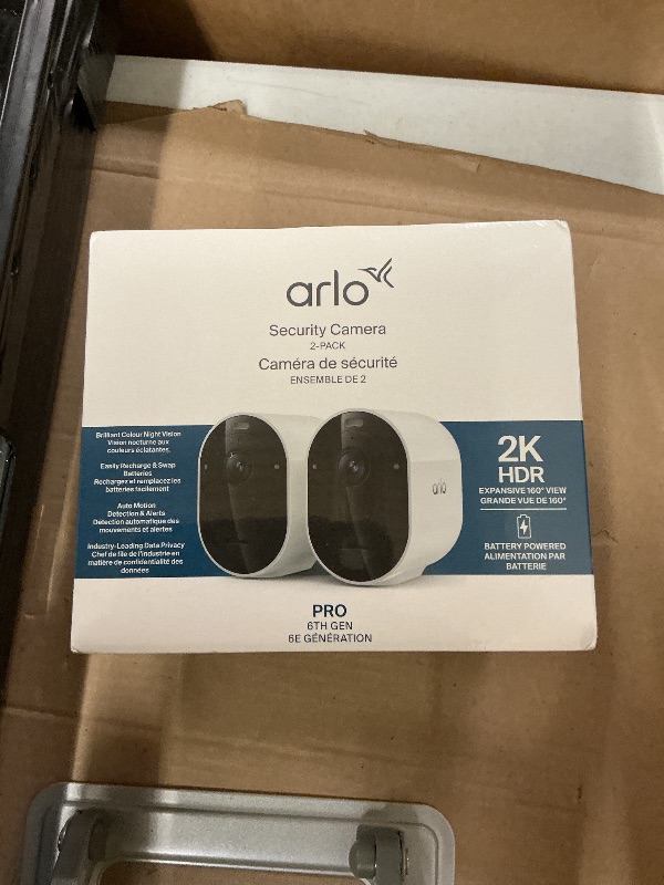 Photo 1 of FACTORY SEALED— Arlo Essential Security Cameras Wireless Outdoor 2K (2nd Gen, 2023 Release) - Battery Power, Person Recognition, Package Detection, Animated Preview, 1-Month Trial of Secure Plan, 2 Cam, White