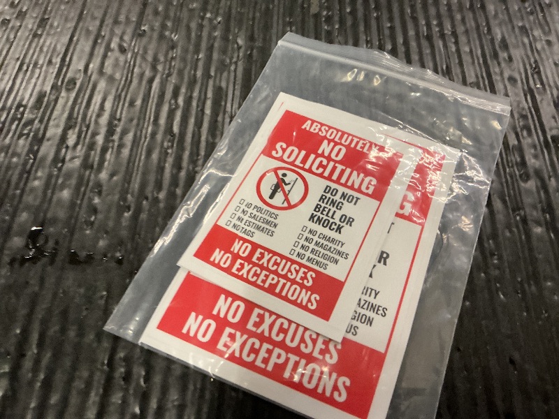 Photo 1 of 3 x Absolutely No Soliciting No Politics No Menus Signs | One 3.75"x5.5" & Two 2.75"x4" 300 Vinyl Do Not Ring Bell or Knock Labels | Self-Adhesive, Waterproof Decals for Business, Shops, Warehouses, Construction Sites