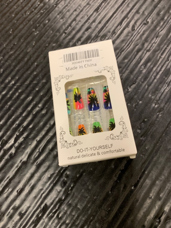 Photo 1 of 24Pcs Summer Press on Nails Medium Fake Nails with Colorful Coconut Tree Design Full Cover Glossy Acrylic Nails Reusable False Nails Stick on Nails for Women Girls Summer Nail Art Decoration