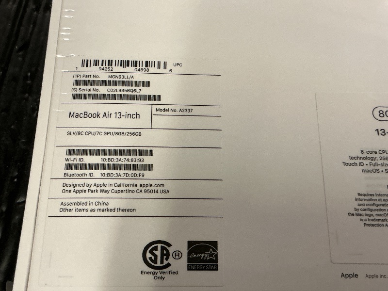 Photo 1 of 2020 Apple MacBook Air Laptop: Apple M1 Chip, 13” Retina Display, 8GB RAM, 256GB SSD Storage, Backlit Keyboard, FaceTime HD Camera, Touch ID. Works with iPhone/iPad; Silver