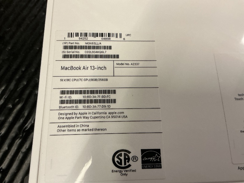 Photo 1 of 2020 Apple MacBook Air Laptop: Apple M1 Chip, 13” Retina Display, 8GB RAM, 256GB SSD Storage, Backlit Keyboard, FaceTime HD Camera, Touch ID. Works with iPhone/iPad; Silver