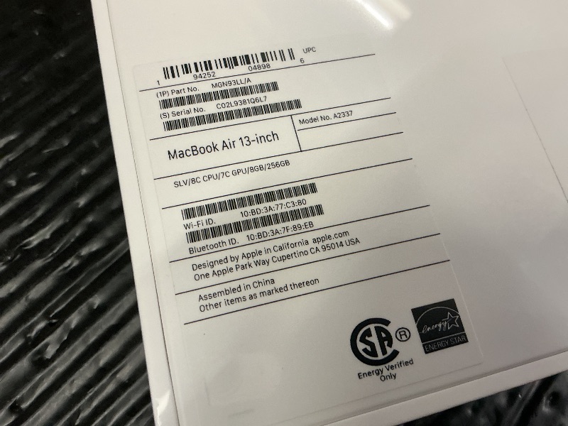 Photo 1 of 2020 Apple MacBook Air Laptop: Apple M1 Chip, 13” Retina Display, 8GB RAM, 256GB SSD Storage, Backlit Keyboard, FaceTime HD Camera, Touch ID. Works with iPhone/iPad; Silver