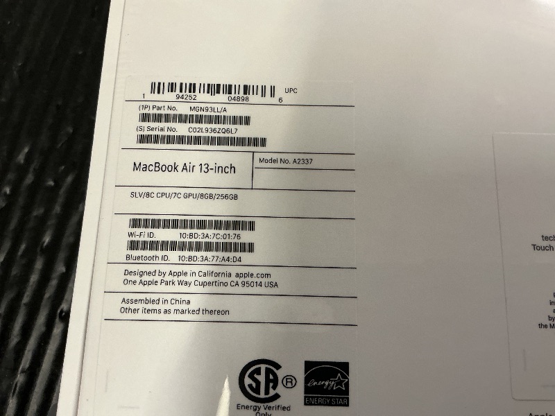 Photo 1 of 2020 Apple MacBook Air Laptop: Apple M1 Chip, 13” Retina Display, 8GB RAM, 256GB SSD Storage, Backlit Keyboard, FaceTime HD Camera, Touch ID. Works with iPhone/iPad; Silver