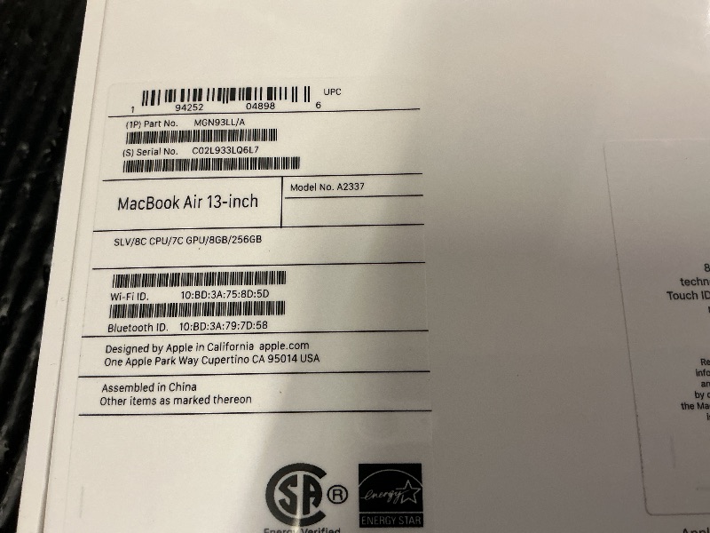 Photo 1 of 2020 Apple MacBook Air Laptop: Apple M1 Chip, 13” Retina Display, 8GB RAM, 256GB SSD Storage, Backlit Keyboard, FaceTime HD Camera, Touch ID. Works with iPhone/iPad; Silver