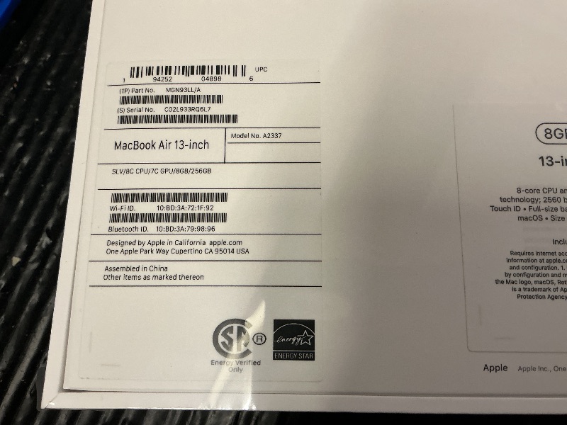 Photo 1 of 2020 Apple MacBook Air Laptop: Apple M1 Chip, 13” Retina Display, 8GB RAM, 256GB SSD Storage, Backlit Keyboard, FaceTime HD Camera, Touch ID. Works with iPhone/iPad; Silver