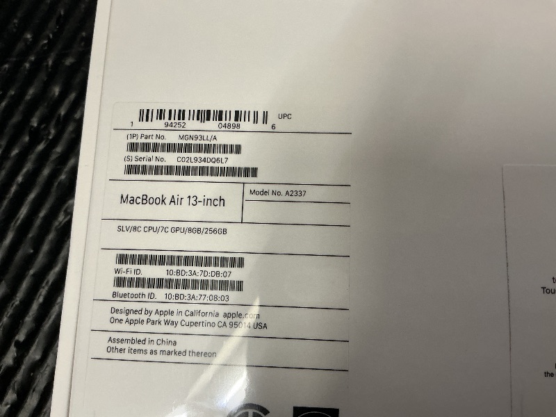Photo 1 of 2020 Apple MacBook Air Laptop: Apple M1 Chip, 13” Retina Display, 8GB RAM, 256GB SSD Storage, Backlit Keyboard, FaceTime HD Camera, Touch ID. Works with iPhone/iPad; Silver