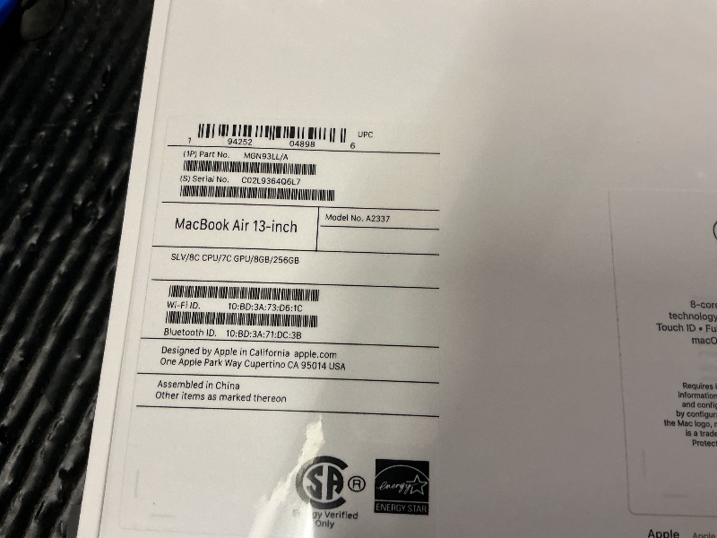 Photo 1 of 2020 Apple MacBook Air Laptop: Apple M1 Chip, 13” Retina Display, 8GB RAM, 256GB SSD Storage, Backlit Keyboard, FaceTime HD Camera, Touch ID. Works with iPhone/iPad; Silver