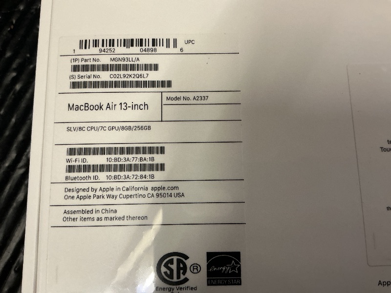 Photo 1 of 2020 Apple MacBook Air Laptop: Apple M1 Chip, 13” Retina Display, 8GB RAM, 256GB SSD Storage, Backlit Keyboard, FaceTime HD Camera, Touch ID. Works with iPhone/iPad; Silver