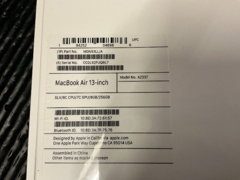 Photo 1 of 2020 Apple MacBook Air Laptop: Apple M1 Chip, 13” Retina Display, 8GB RAM, 256GB SSD Storage, Backlit Keyboard, FaceTime HD Camera, Touch ID. Works with iPhone/iPad; Silver