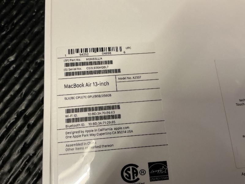 Photo 1 of 2020 Apple MacBook Air Laptop: Apple M1 Chip, 13” Retina Display, 8GB RAM, 256GB SSD Storage, Backlit Keyboard, FaceTime HD Camera, Touch ID. Works with iPhone/iPad; Silver