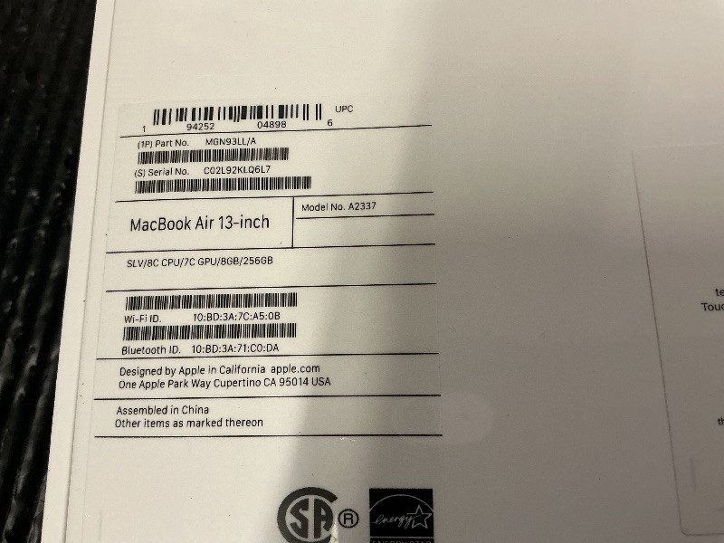 Photo 1 of 2020 Apple MacBook Air Laptop: Apple M1 Chip, 13” Retina Display, 8GB RAM, 256GB SSD Storage, Backlit Keyboard, FaceTime HD Camera, Touch ID. Works with iPhone/iPad; Silver