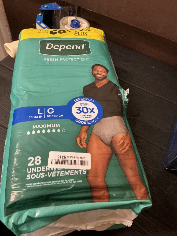 Photo 1 of Depend Fresh Protection Adult Diapers, Incontinence Underwear for Men, Disposable, Maximum, Large, Grey, 28 Count, Packaging May Vary
