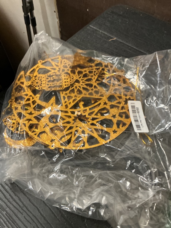 Photo 1 of 2 Pieces Eid Mubarak Door Sign Wooden Hanging Signs, Ramadan Kareem Hollow Ornament Decorations Moon and Stars, Moon Shape Ramadan Mubarak Party Wood Wall Hanger for Islamic Muslim Home Decor