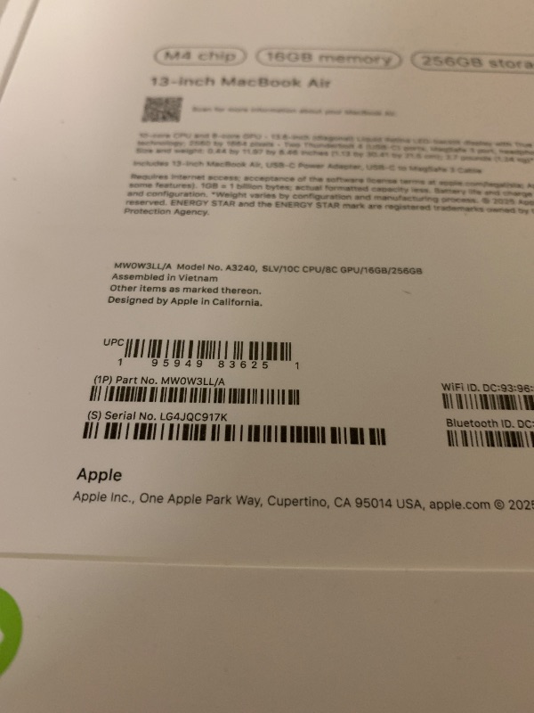 Photo 1 of Apple 2025 MacBook Air 13-inch Laptop with M4 chip: Built for Apple Intelligence, 13.6-inch Liquid Retina Display, 16GB Unified Memory, 256GB SSD Storage, 12MP Center Stage Camera, Touch ID; Silver