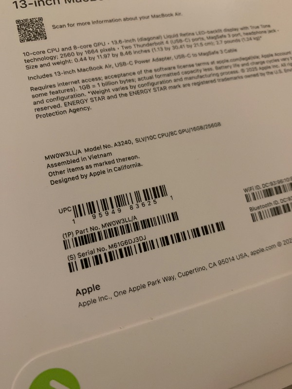 Photo 1 of Apple 2025 MacBook Air 13-inch Laptop with M4 chip: Built for Apple Intelligence, 13.6-inch Liquid Retina Display, 16GB Unified Memory, 256GB SSD Storage, 12MP Center Stage Camera, Touch ID; Silver