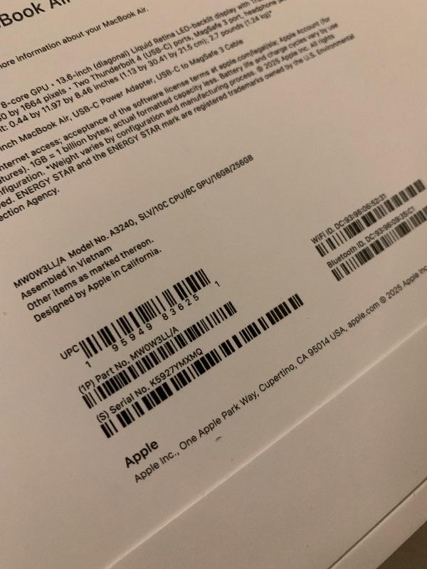 Photo 1 of Apple 2025 MacBook Air 13-inch Laptop with M4 chip: Built for Apple Intelligence, 13.6-inch Liquid Retina Display, 16GB Unified Memory, 256GB SSD Storage, 12MP Center Stage Camera, Touch ID; Silver