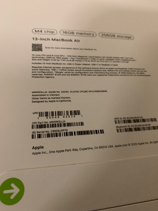 Photo 1 of Apple 2025 MacBook Air 13-inch Laptop with M4 chip: Built for Apple Intelligence, 13.6-inch Liquid Retina Display, 16GB Unified Memory, 256GB SSD Storage, 12MP Center Stage Camera, Touch ID; Silver