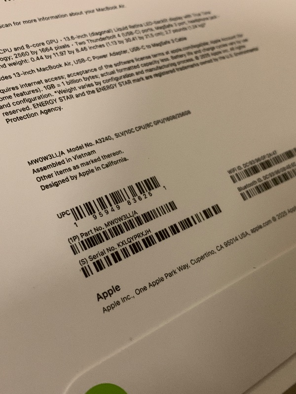 Photo 1 of Apple 2025 MacBook Air 13-inch Laptop with M4 chip: Built for Apple Intelligence, 13.6-inch Liquid Retina Display, 16GB Unified Memory, 256GB SSD Storage, 12MP Center Stage Camera, Touch ID; Silver