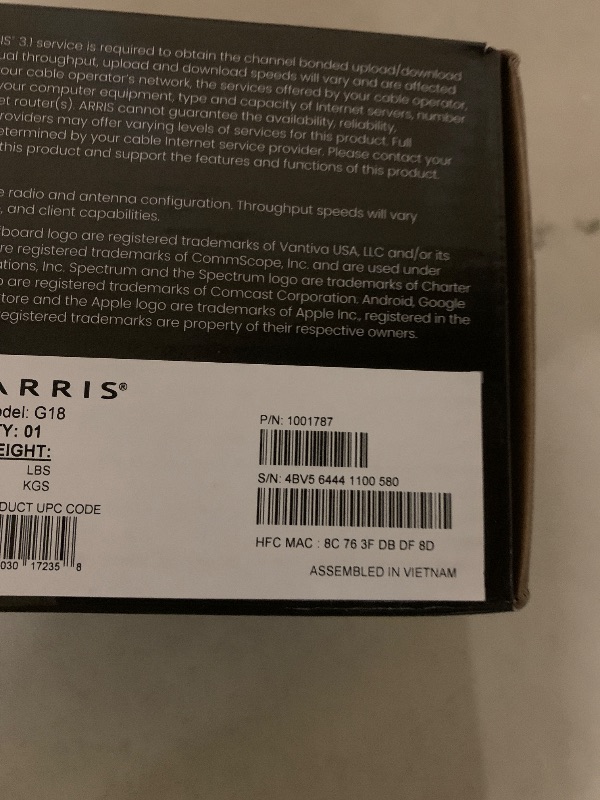 Photo 1 of Arris (G18) - Cable Modem Router Combo - Fast DOCSIS 3.1 Multi-Gigabit WiFi 6 (AX1800), Approved for Comcast Xfinity, Cox, Spectrum & More