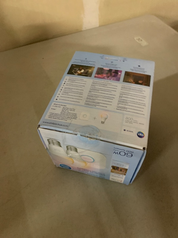 Photo 1 of PHILIPS Hue Essential Starter Kit: Hue Bridge, 2 Essential E26 Smart Bulbs, White & Color Ambiance, 2200K-6500K, Dimmable LED Bulbs, Works with Alexa, Google Assistant, Samsung SmartThings, Apple Home