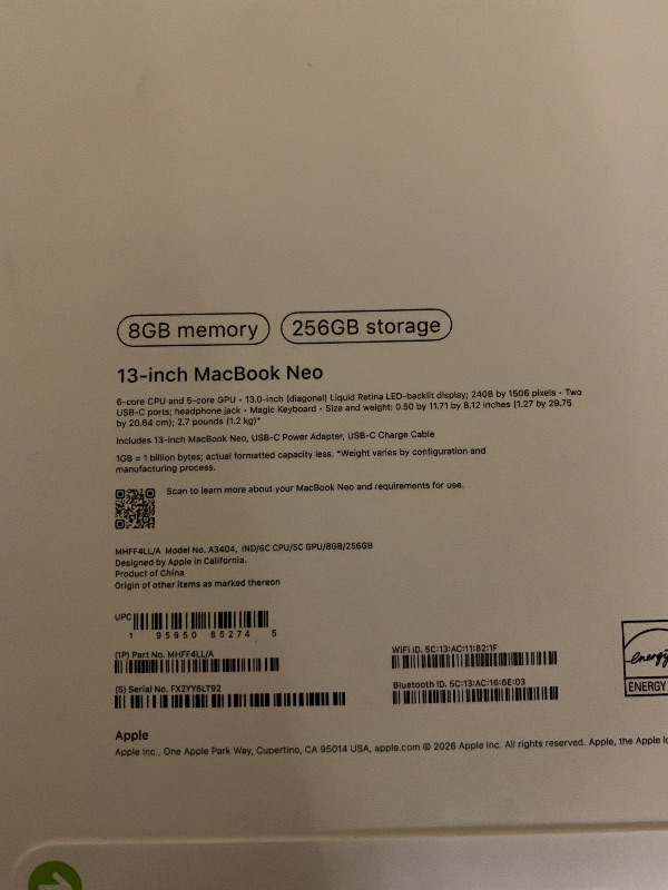 Photo 1 of Apple 2026 MacBook Neo 13-inch Laptop with A18 Pro chip: Built for AI and Apple Intelligence, Liquid Retina Display, 8GB Unified Memory, 256GB SSD Storage, 1080p FaceTime HD Camera; Indigo