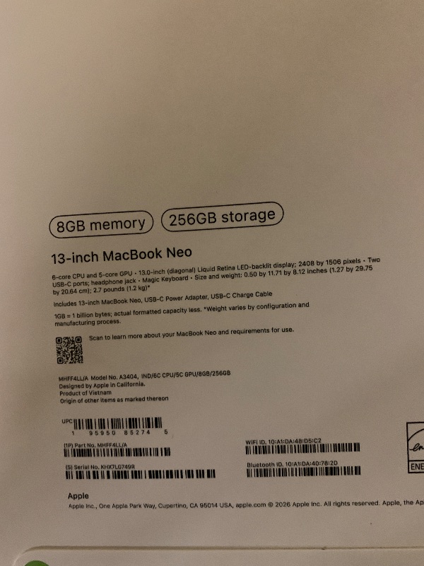 Photo 1 of Apple 2026 MacBook Neo 13-inch Laptop with A18 Pro chip: Built for AI and Apple Intelligence, Liquid Retina Display, 8GB Unified Memory, 256GB SSD Storage, 1080p FaceTime HD Camera; Indigo