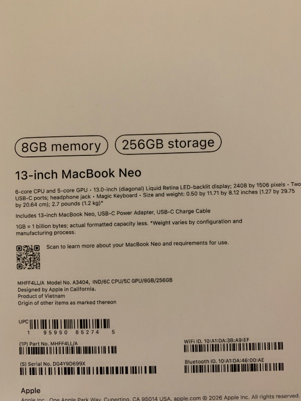 Photo 1 of Apple 2026 MacBook Neo 13-inch Laptop with A18 Pro chip: Built for AI and Apple Intelligence, Liquid Retina Display, 8GB Unified Memory, 256GB SSD Storage, 1080p FaceTime HD Camera; Indigo