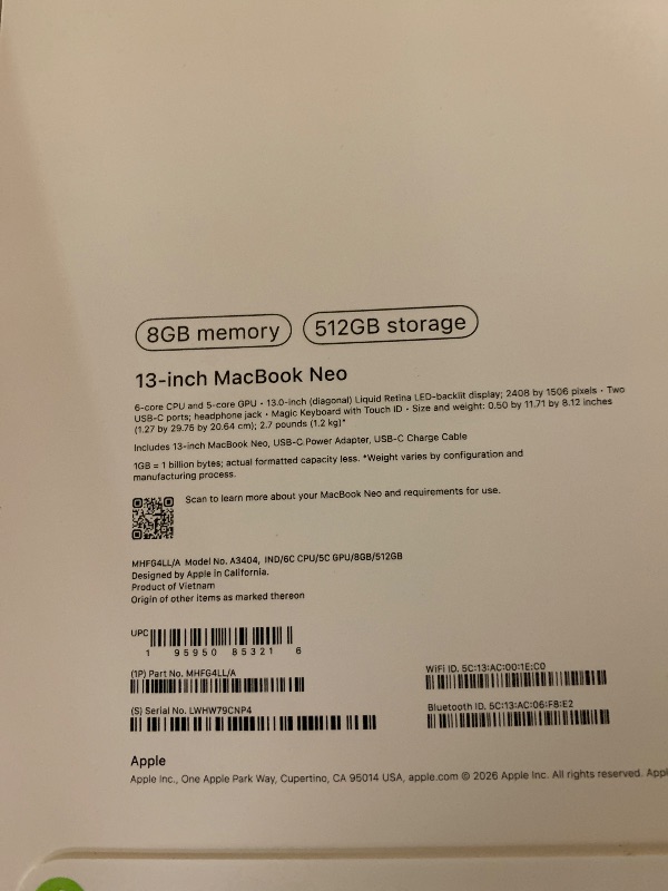 Photo 1 of Apple 2026 MacBook Neo 13-inch Laptop with A18 Pro chip: Built for AI and Apple Intelligence, Liquid Retina Display, 8GB Unified Memory, 512GB SSD Storage, 1080p FaceTime HD Camera, Touch ID; Indigo