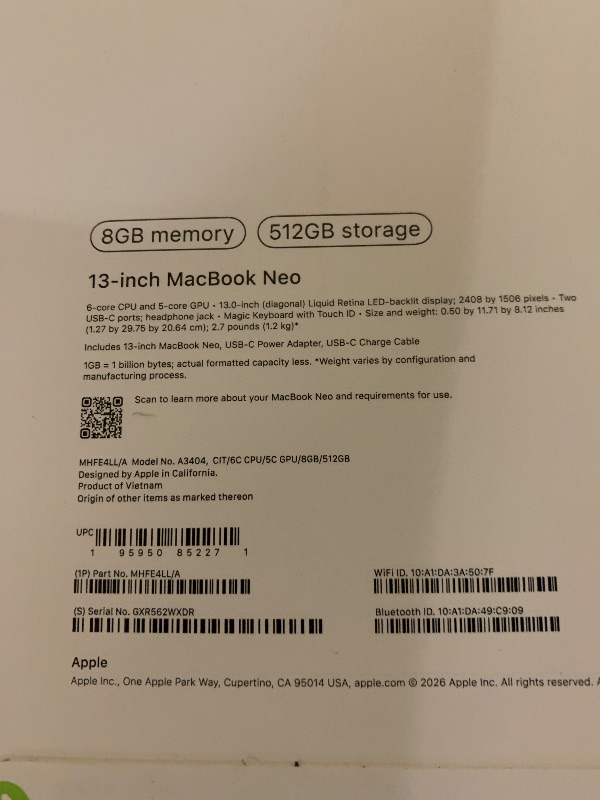 Photo 1 of Apple 2026 MacBook Neo 13-inch Laptop with A18 Pro chip: Built for AI and Apple Intelligence, Liquid Retina Display, 8GB Unified Memory, 512GB SSD Storage, 1080p FaceTime HD Camera, Touch ID; Citrus