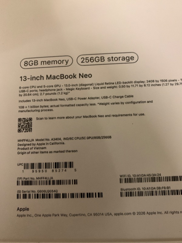 Photo 1 of Apple 2026 MacBook Neo 13-inch Laptop with A18 Pro chip: Built for AI and Apple Intelligence, Liquid Retina Display, 8GB Unified Memory, 256GB SSD Storage, 1080p FaceTime HD Camera; Indigo